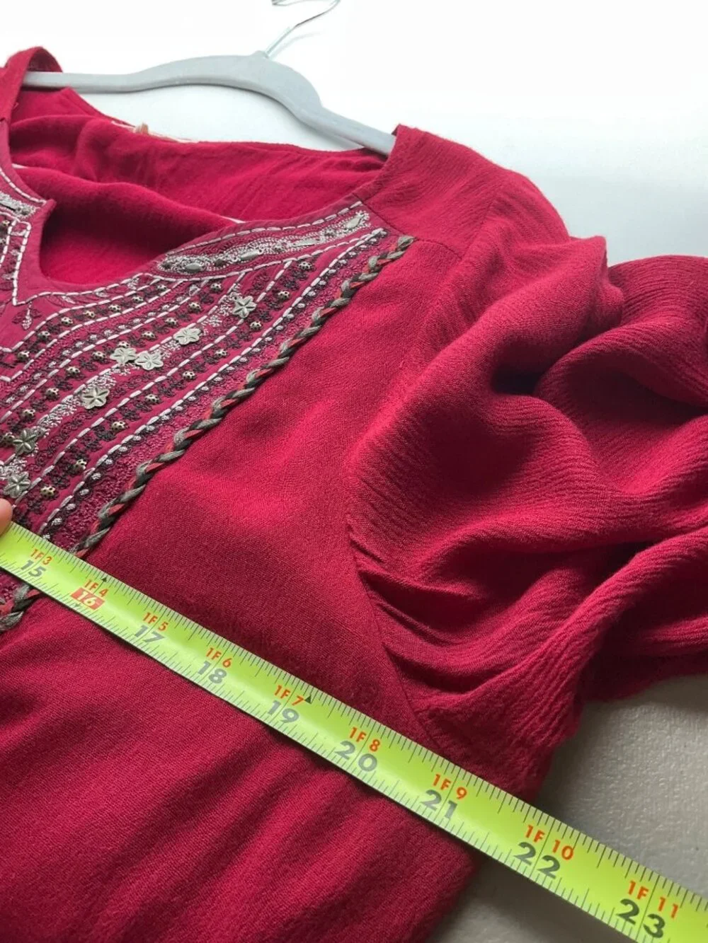 Easel Med Dark Red Boho Tunic Dress Embroidered Flowy Bell Sleeves - Picture 10 of 15